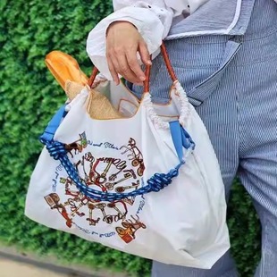 日本代购ballchain刺绣马车购物袋防水环保布袋尼龙单肩斜跨包女