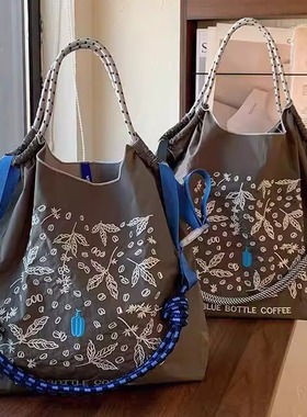 日本代购ballchain蓝瓶子刺绣购物袋尼龙包环保手提单肩斜挎包女