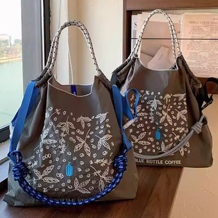 日本代购ballchain蓝瓶子刺绣购物袋尼龙包环保手提单肩斜挎包女