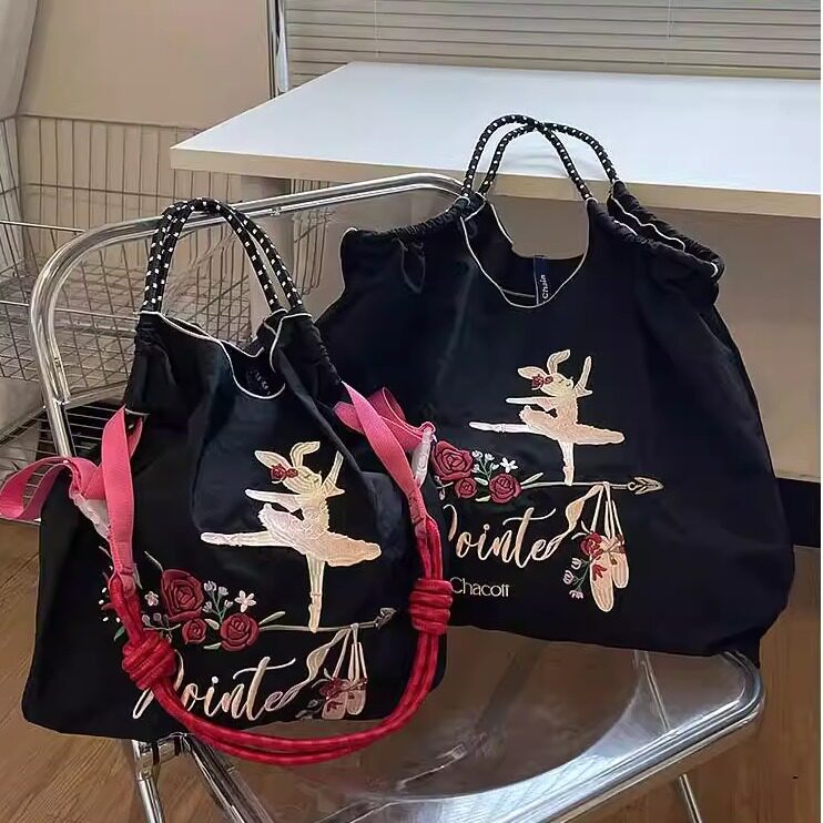 日本代购ballchain黑色芭蕾兔购物袋刺绣尼龙环保时尚通勤单肩包