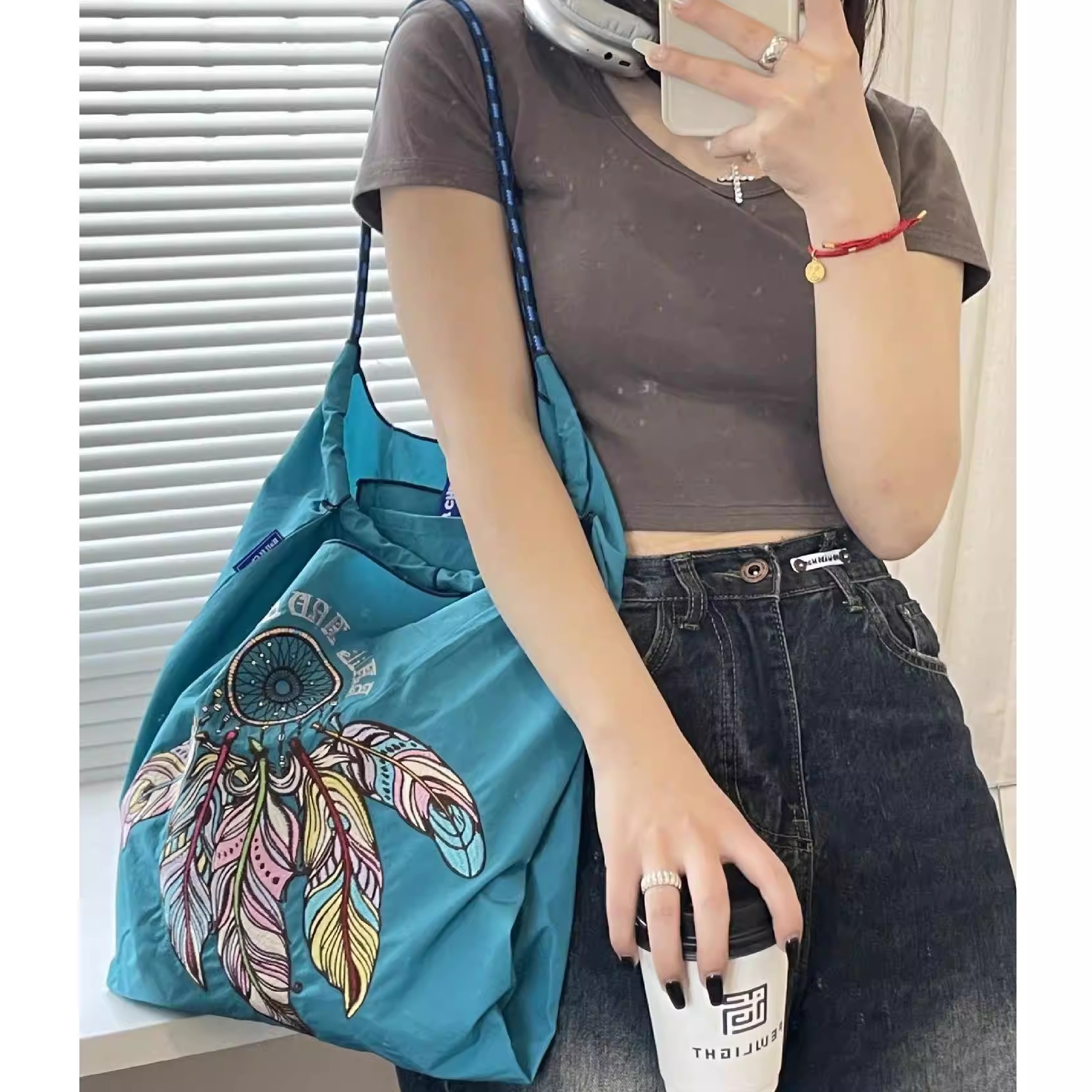 日本代购ballchain刺绣羽毛环保袋购物袋大容量包托特包女斜挎包