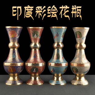 印度纯铜花瓶彩绘孔雀花瓶供奉观音净水瓶供奉前插画供瓶纯铜宝瓶