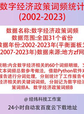 数字经济政策词频统计数据2002-2023年，python词频分析结果面板