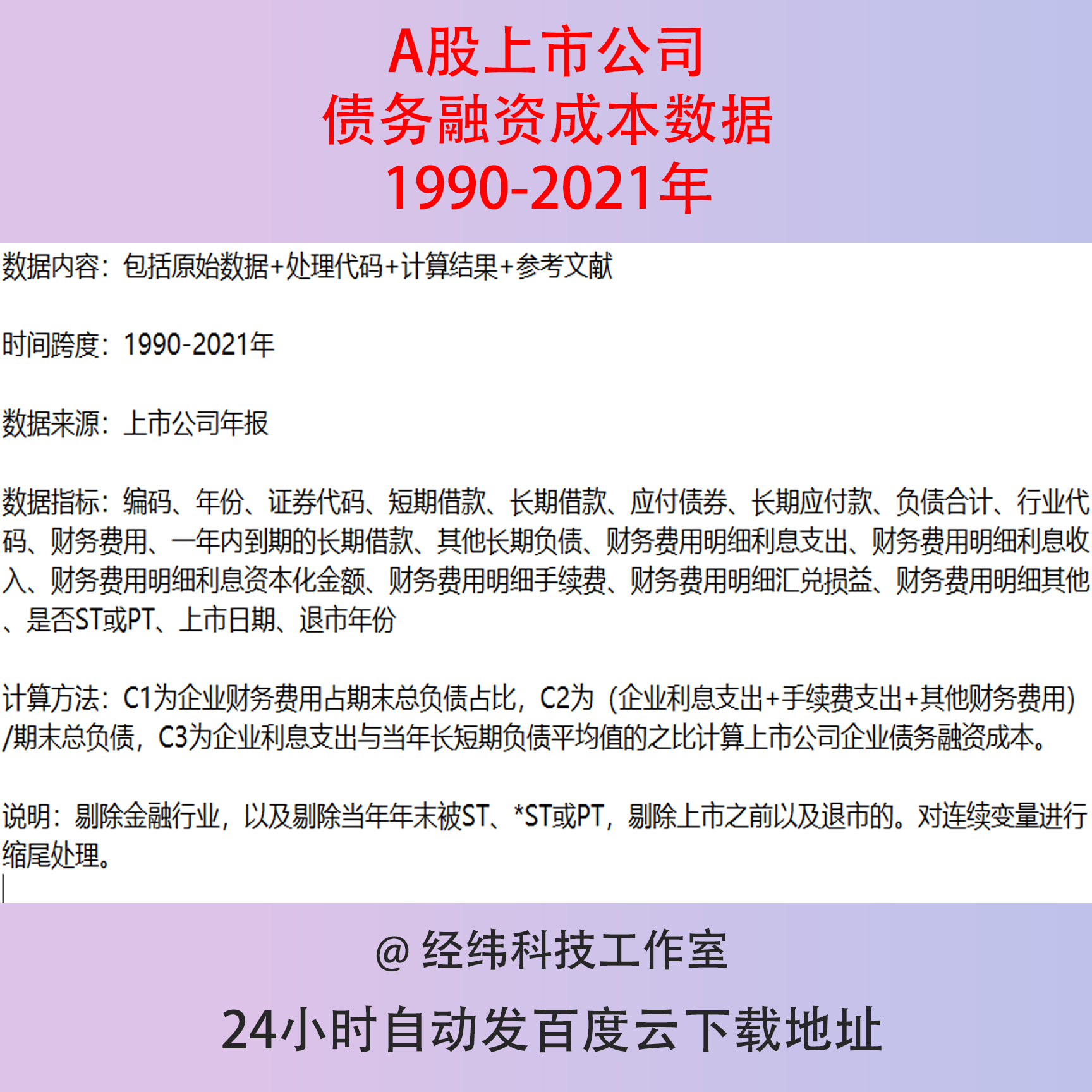 1990-2021上市公司债务融资成本原始数据+stata处理代码+计算结果