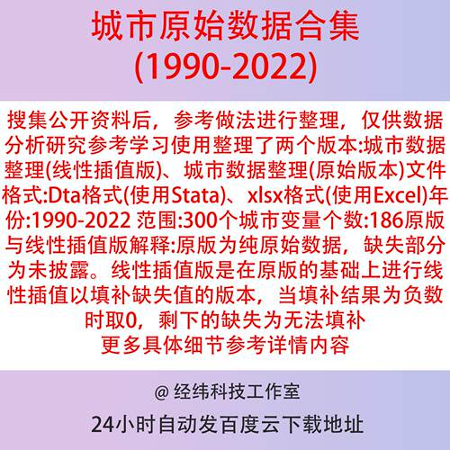 地级市控制变量2022-1990年含原始&线性插值版StataExcel面板数据