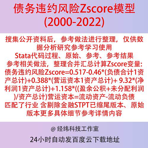 债务违约风险Zscore模型Stata代码过程2000-2022匹配行业剔除缩尾