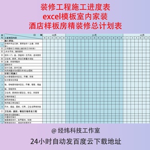 装修工程施工进度表excel模板室内家装酒店样板房精装修总计划表