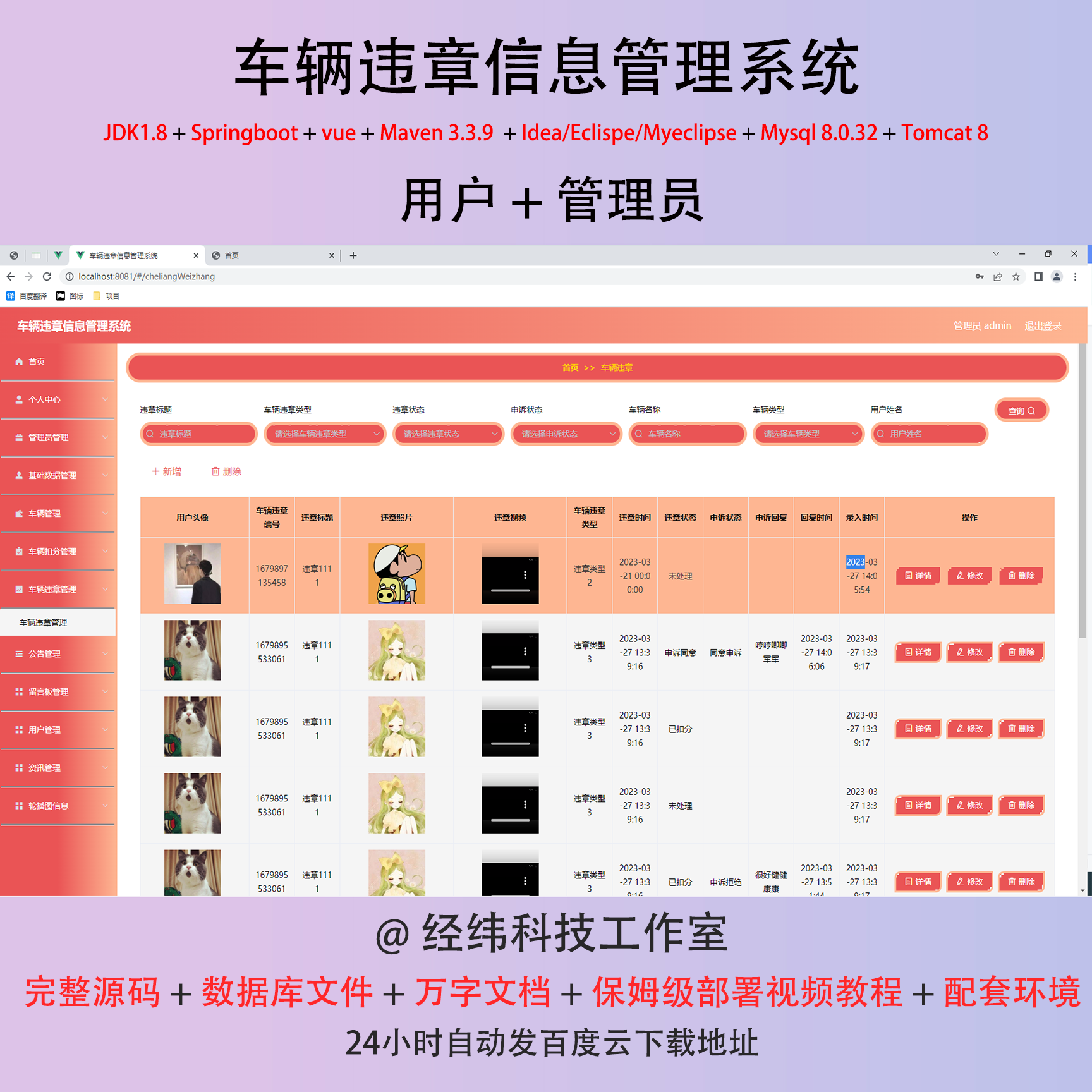 java springboot vue2 车辆违章信息管理系统 管理系统平台网站