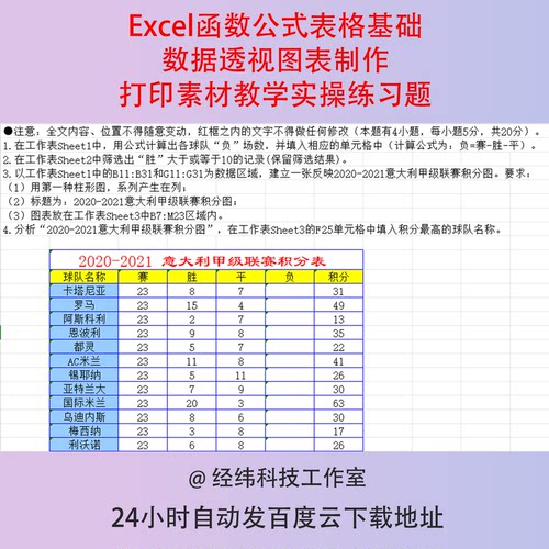 Excel函数公式表格基础数据透视图表制作打印素材教学实操练习题