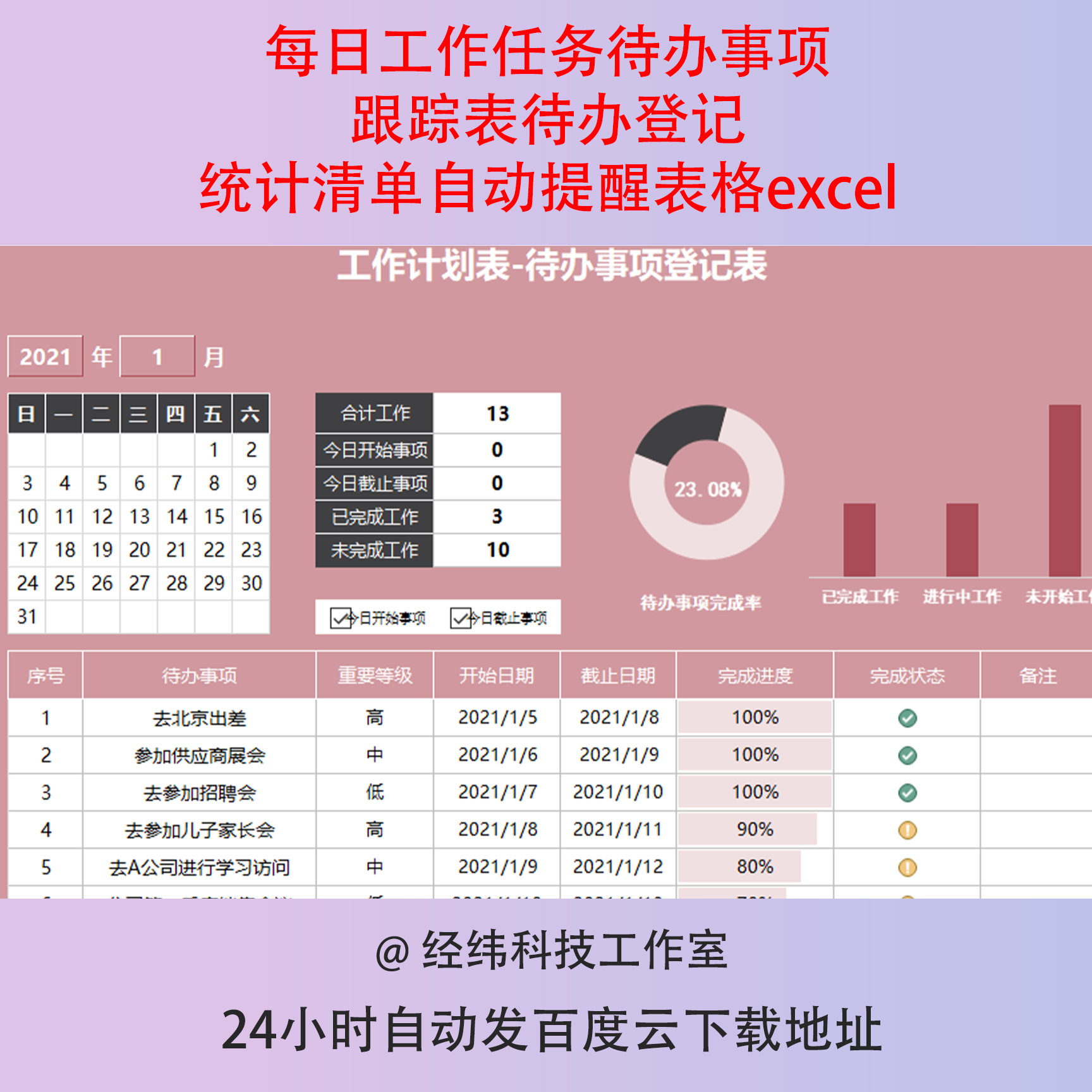 每日工作任务待办事项跟踪表待办登记统计清单自动提醒表格excel