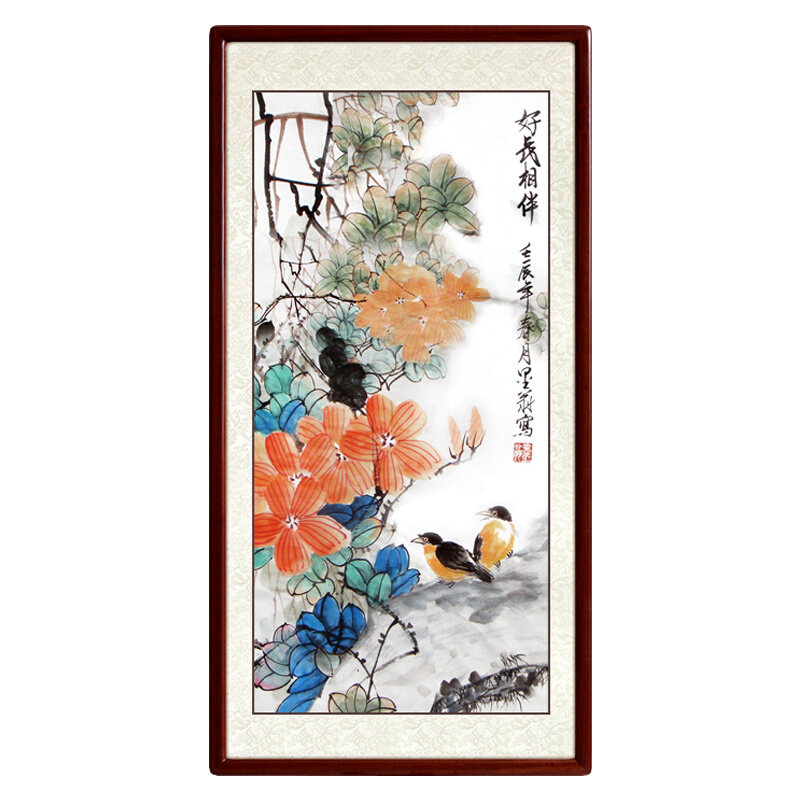 尚得堂纯手绘国画花鸟画中式玄关装饰画走廊过道竖版花开富贵挂画