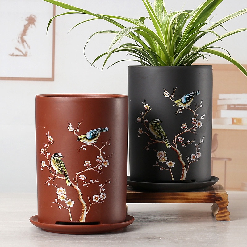 紫砂花盆清仓特价陶瓷大号带托盘兰花盆专用高档盆景厂家直销包邮