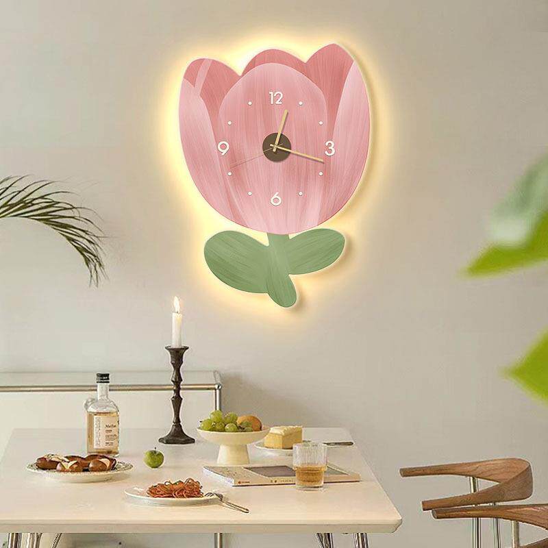 YW-DENG-花朵钟表挂钟客厅网红大钟气创意灯时壁油风家用表挂墙餐