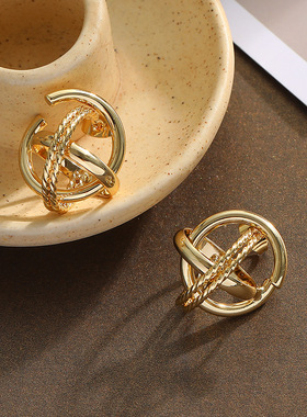 欧美设计师小众个性l地球仪立体缠绕X形星球轨迹镀金耳环潮牌耳钉