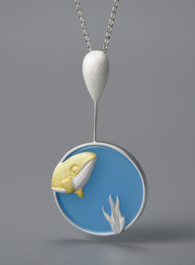 原创文艺设计蓝玛瑙海底世界鱼头吊坠鱼尾女式水母挂件特惠