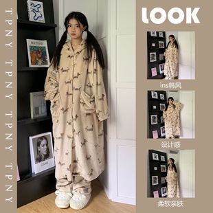 珊瑚绒睡衣女秋冬季 连帽可爱卡通家居服可外穿 加厚保暖法兰绒长款
