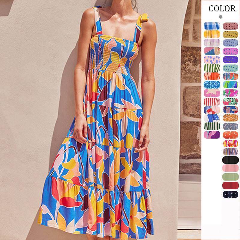 吊带绑带印花长款连衣裙Women's long dress with lace print