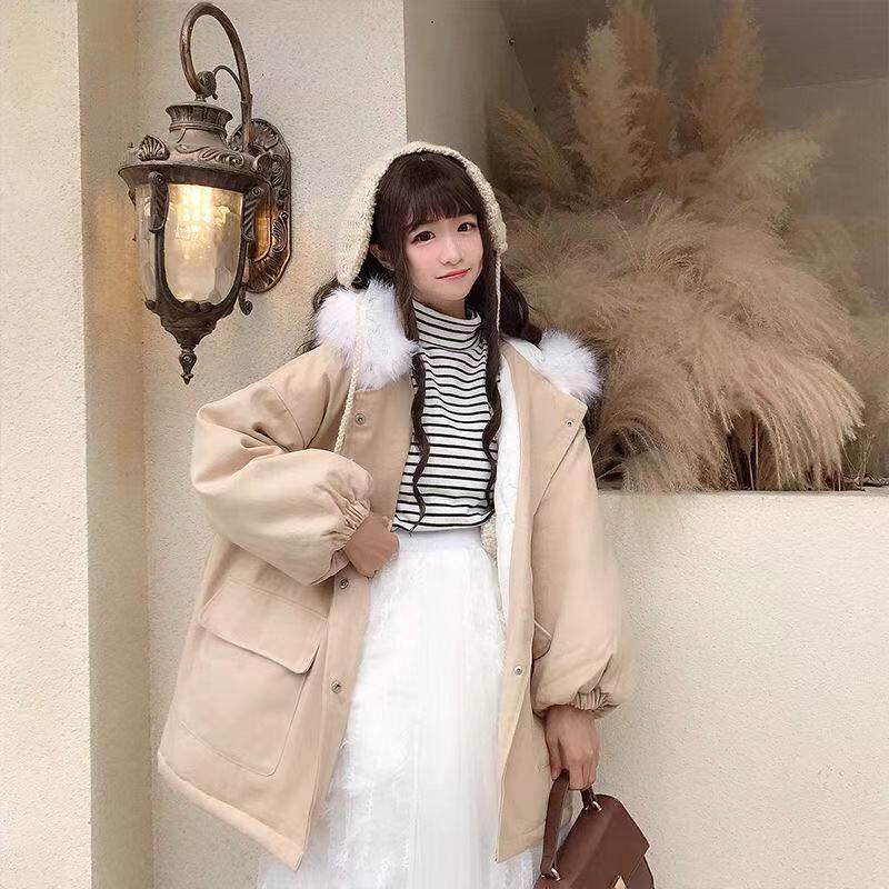 冬季新款中长款韩版宽松大毛领棉衣棉服女学生加厚工装开衫外套女