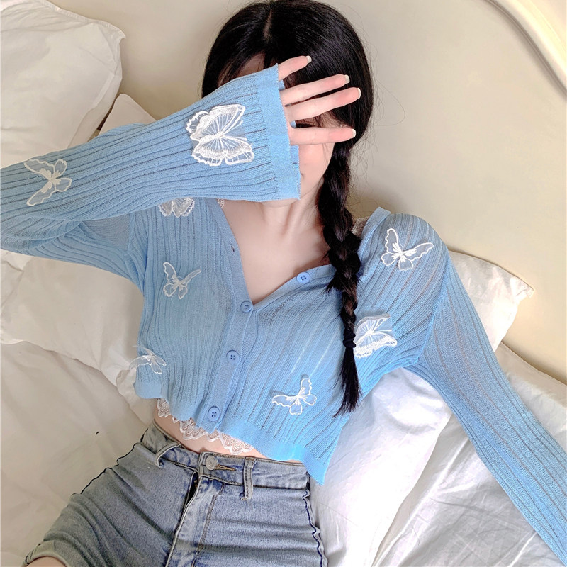 开衫薄款女夏季设计感小众V领蝴蝶针织衫新款长袖短款防晒上衣潮