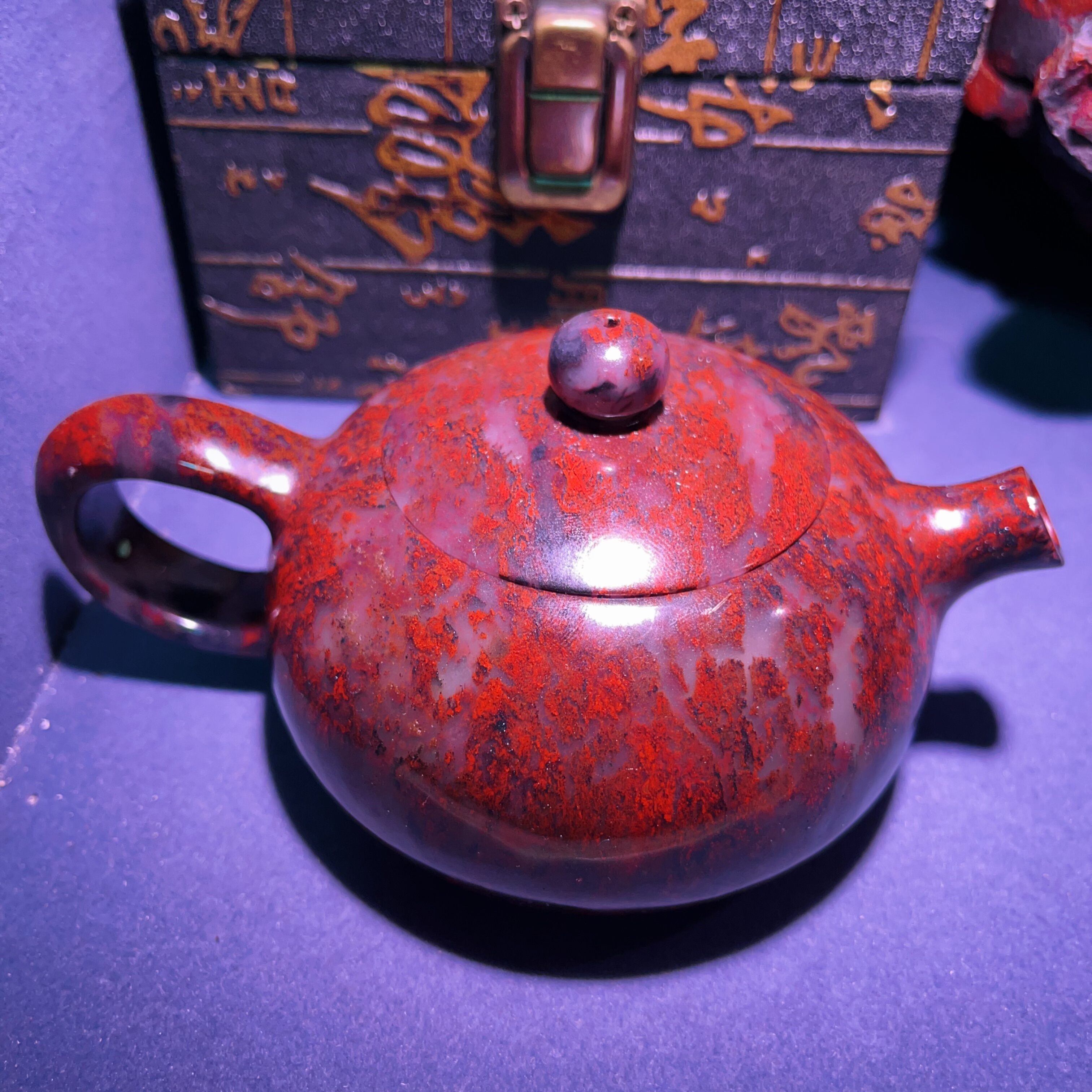 精品收藏桂林鸡血玉石玉茶壶摆件送礼收藏佳品纯手工制作纹理精美