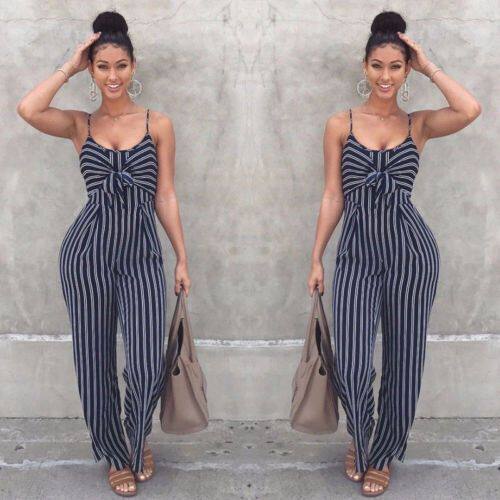 Sexy striped suspender wide leg jumpsuit性感条纹阔腿连体裤女