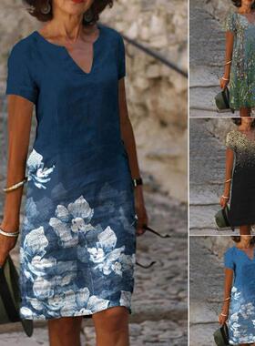 V-neck floral print long sleeve dressV领花卉印花长袖连衣裙女