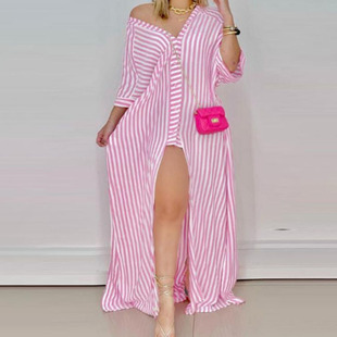 Fashion Stripe Split Long Sleeve Dress时尚条纹开叉长袖连衣裙