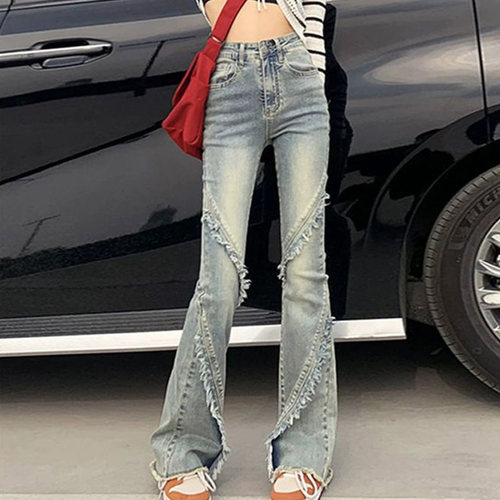 韩系修身微喇叭牛仔裤女时尚潮流毛边个性设计感美式复古高腰裤子