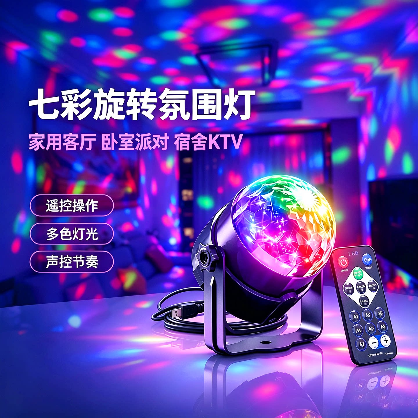 2026新升级声控七彩旋转灯家用蹦迪跳舞台爆闪光魔球灯ktv氛围灯