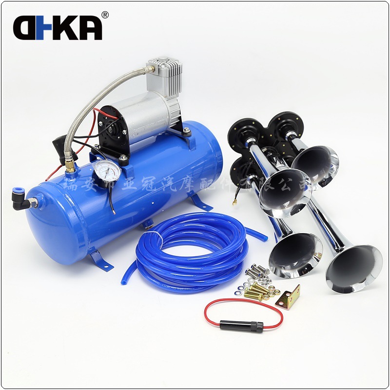 亚冠-改装气泵四管火车喇叭12V 150psi 蓝色6L气罐空气压缩机