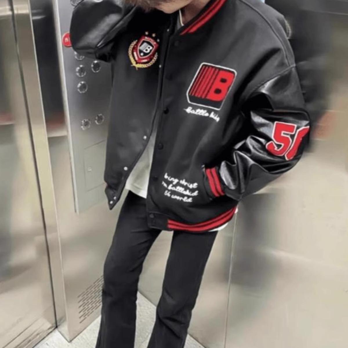 国潮高街徽章刺绣pu皮拼接夹克男女青少年学生百搭潮流棒球服