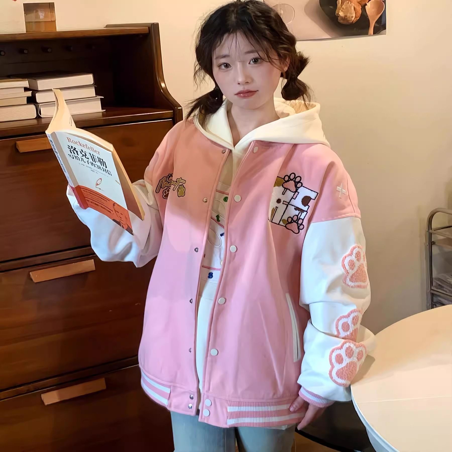 美式复古高街植绒刺绣拼接夹克棒球服男女春季新款设计感情侣外套