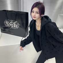 SMFK   秋季新款暗夜花园连帽纯棉卫衣开衫圆领宽松黑色上衣女