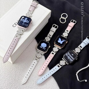S10表帶iwatch8蘋果手表se watchS9 42mm女高級小眾 4代41 QALUO星芒美洲鱷大竹節鱷魚皮表帶適用apple