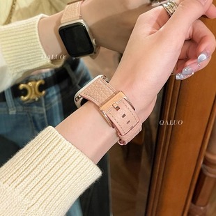 S10代表带iwatch9苹果手表se876真皮表带41 watchS11 45mm高级女 鱼子酱荔枝纹小方扣适用apple QALUO秋冬新款