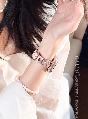 QALUO新款〔裸眼爆闪〕星芒满钻头层牛皮表带适用AppleWatchS11/S10表带iwatch9苹果手表se/8/7/6/5/4代高级