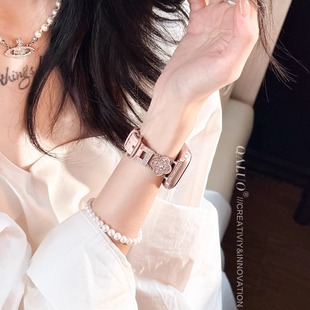 S10表带iwatch9苹果手表se 4代高级 QALUO新款 〔裸眼爆闪〕星芒满钻头层牛皮表带适用AppleWatchS11