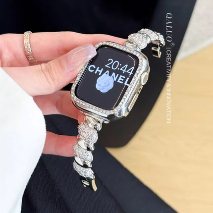 QALUO新款〔漩涡锆石〕适用apple watchS9/S10表带iwatch8苹果手表se/7/6/5/4/3代41/42mm女款金属高级感小众