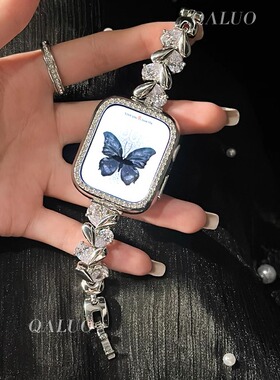 QALUO春夏新款爱心水滴锆石表带适用apple watchS11/S10表带iwatch9苹果手表se/8/7/6/5/4/3代41/45mm小众女