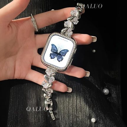 QALUO春夏新款爱心水滴锆石表带适用apple watchS11/S10表带iwatch9苹果手表se/8/7/6/5/4/3代41/45mm小众女