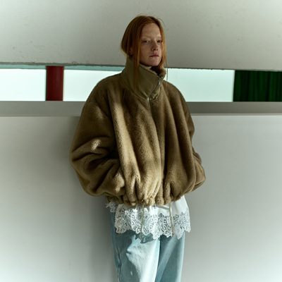 SHANG1 BY SHANGYI人造皮草毛毛短外套女环保水貂毛拉链夹克上衣