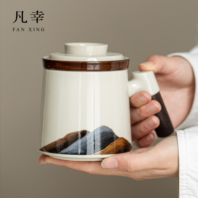 国潮风陶瓷茶杯茶水分离办公室杯子水杯马克杯带盖带手柄定制礼品