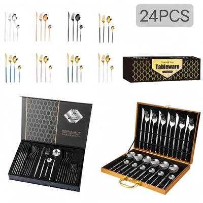 24PCS Cutlery Set Stainless Knife Fork Spoon Flatware Tablew