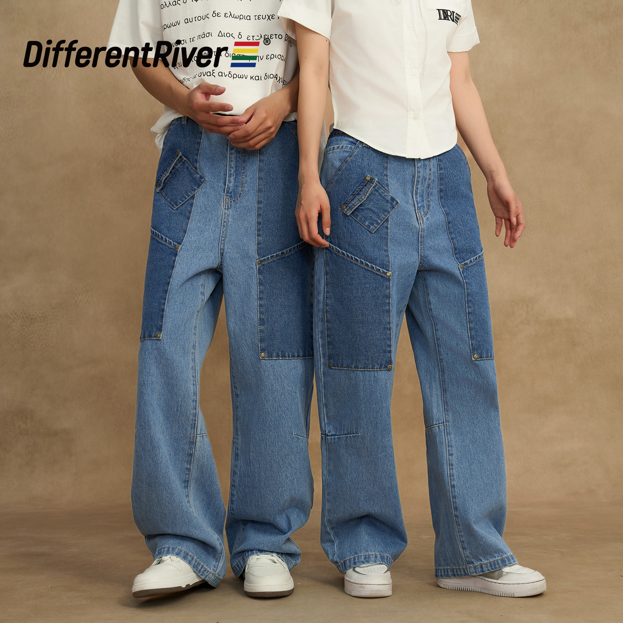 DifferentRiver2024春夏时尚百搭男女同款拼接撞色直筒牛仔裤