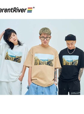 DifferentRiver年度款山海摄影印花男女同款重磅内搭棉质T恤短袖
