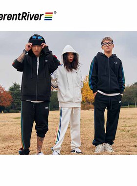 DifferentRiver秋冬新款 彩虹拉条 抓绒连帽拉链简约休闲动套装