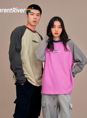 DifferentRiver2023秋冬男女同款休闲复古宽松撞色插肩袖长袖T恤