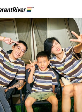 DifferentRiver2023夏季儿童撞色印花条纹短袖露营风吸汗棉T恤