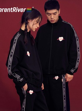 DifferentRiver2023秋冬休闲百搭织带立领爱心抓绒拉链情侣外套