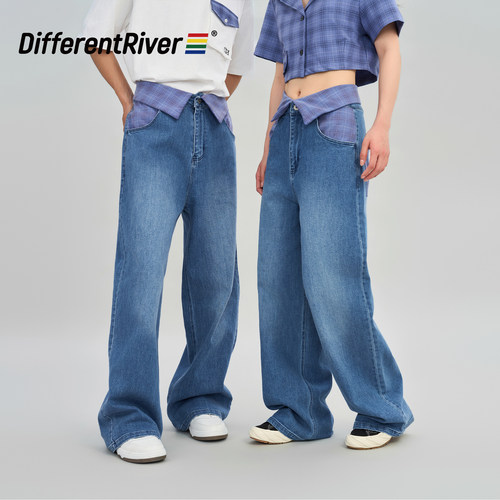 显腿长复古格子拼接牛仔裤